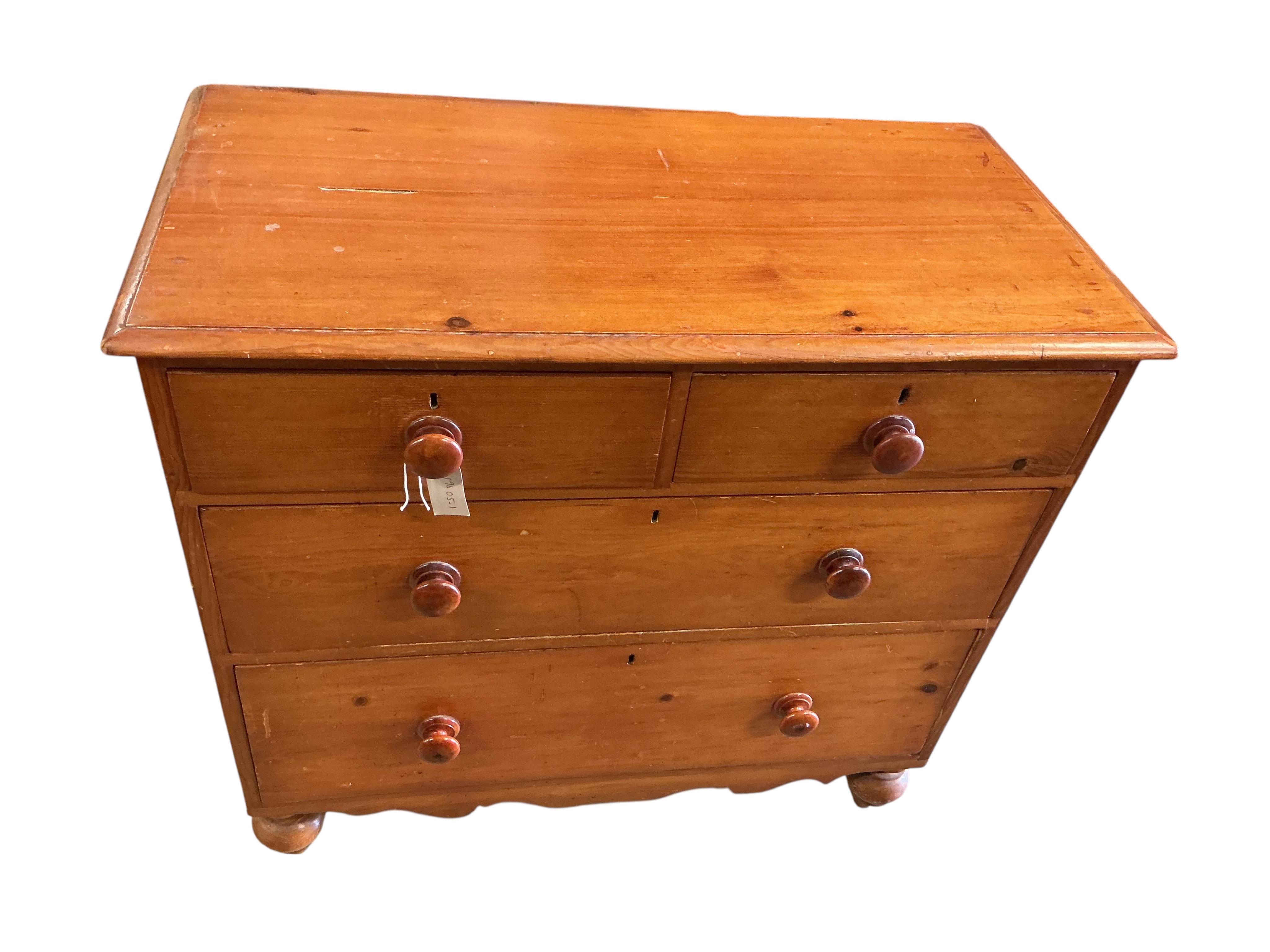 A Victorian pine chest of four drawers, width 96cm, depth 49cm, height 90cm